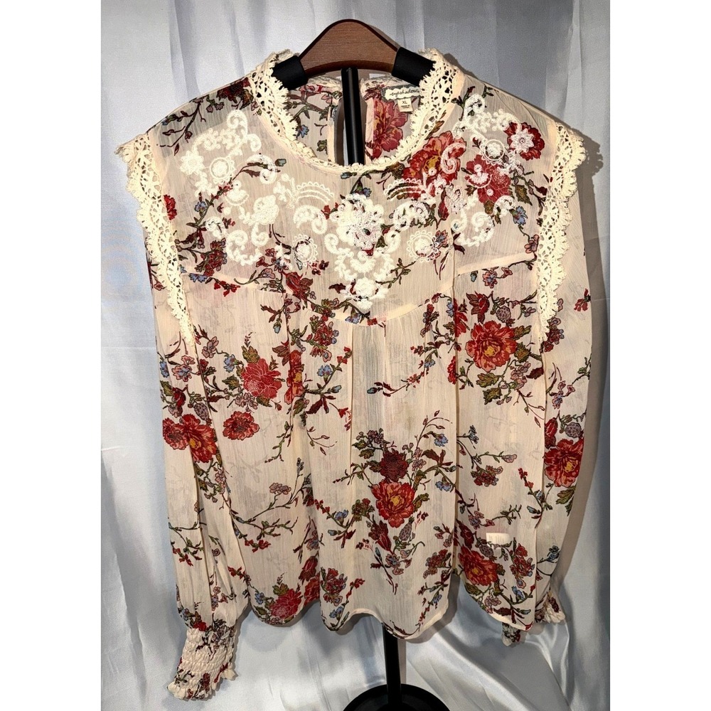 Eyeshadow XL Cream Floral Lace Trim Boho Cottagecore Sheer Blouse Top
